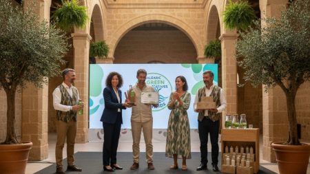 Nachhaltigkeit auf den Balearen: Erfolgreiche Projekte ausgezeichnet Menschen bei einer Nachhaltigkeitsauszeichnung im Museu de Mallorca mit Symbolen für Recycling und Mehrwegverpackungen