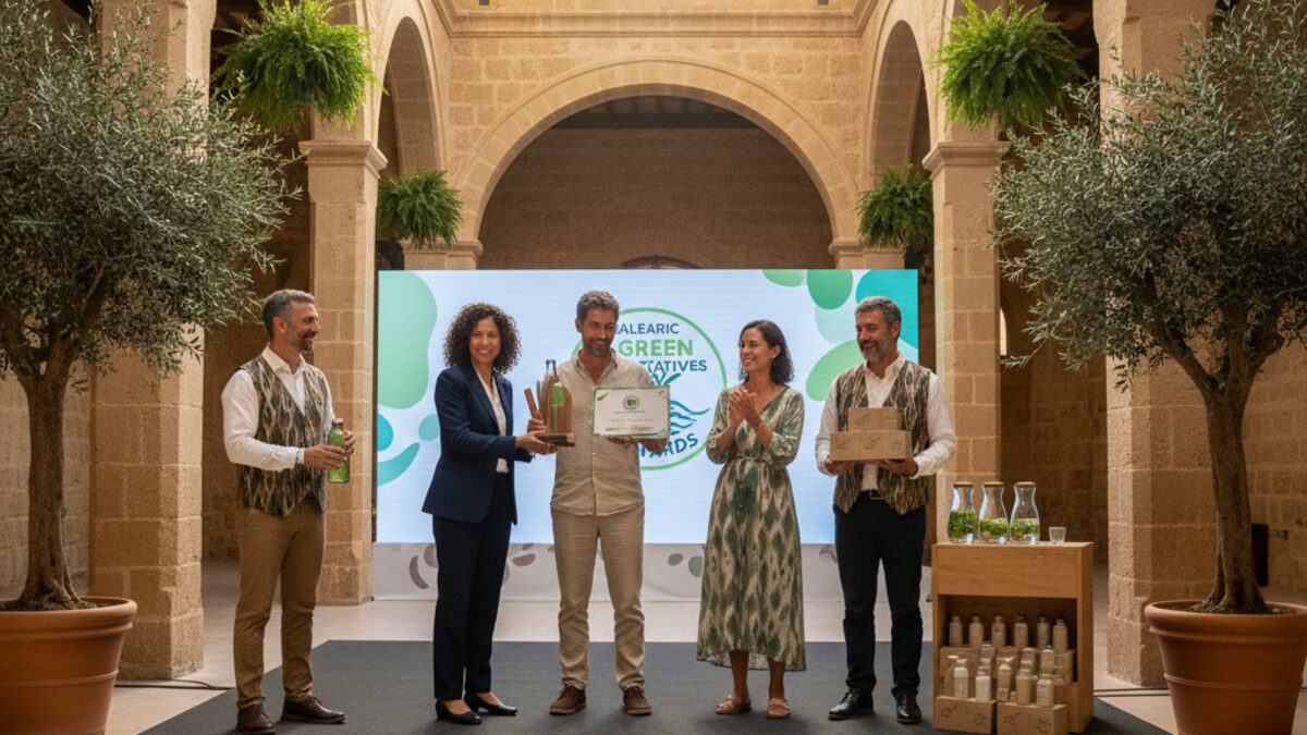 Menschen bei einer Nachhaltigkeitsauszeichnung im Museu de Mallorca mit Symbolen für Recycling und Mehrwegverpackungen