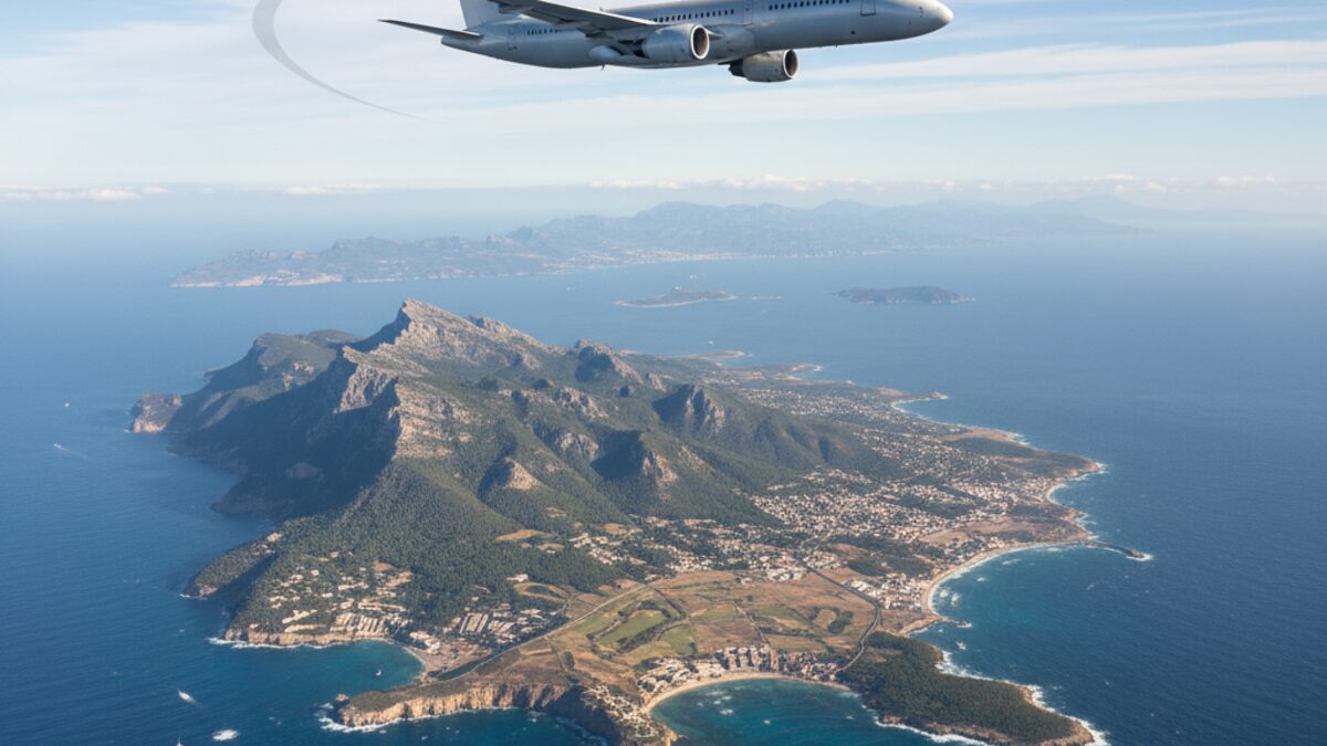 Ein Passagierflugzeug fliegt über das Mittelmeer mit Mallorca im Zentrum, symbolisiert Netanyahus Umgehung der Insel auf seiner Flugroute.
