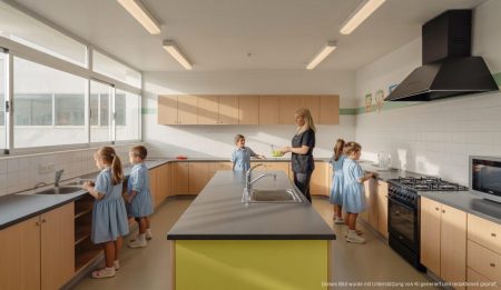 Neue Schulküche für CEIP S’Algar in Portocolom eröffnet Neue Schulküche im CEIP S’Algar, Portocolom, mit moderner Ausstattung und Schülerinteraktion