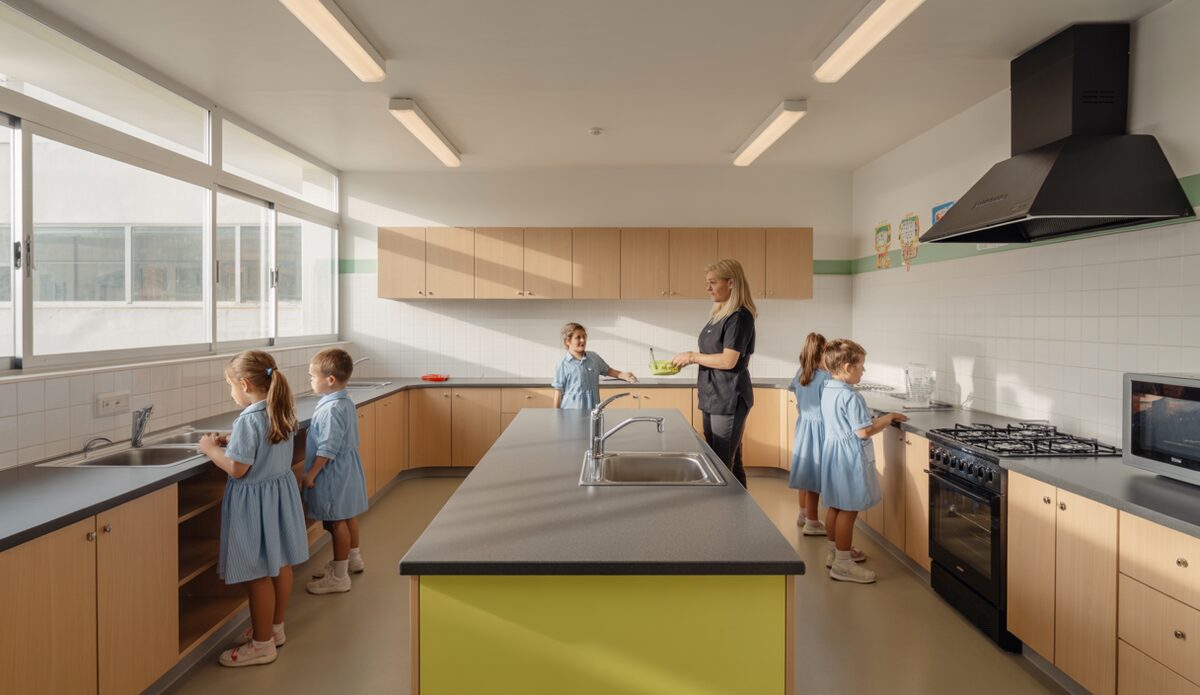 Neue Schulküche im CEIP S’Algar, Portocolom, mit moderner Ausstattung und Schülerinteraktion