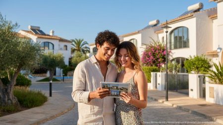 Junges Paar betrachtet Wohnungsanzeigen auf Mallorca in einem modernen, sonnigen Wohnviertel mit mediterraner Architektur.