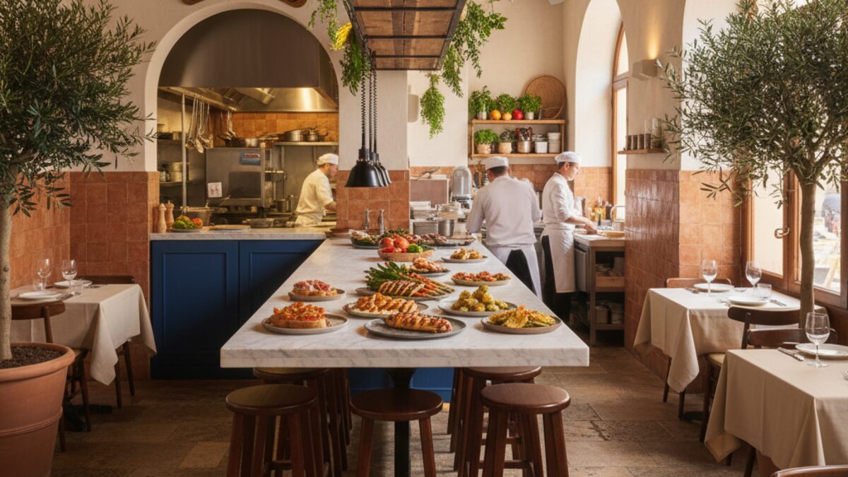 Blick auf das mediterrane Restaurant El Camino auf Mallorca mit einer langen Marmortheke, offener Küche und frischen lokalen Gerichten