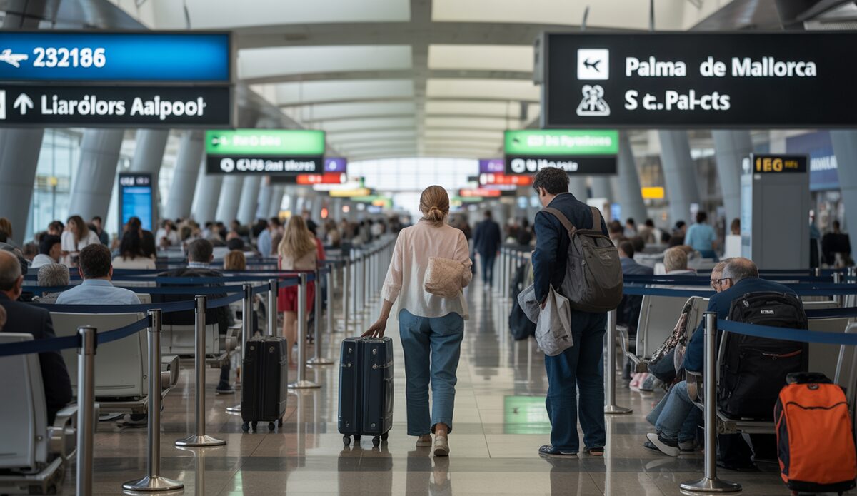 Flughafenszene auf Mallorca mit katalanischen und spanischen Schildern