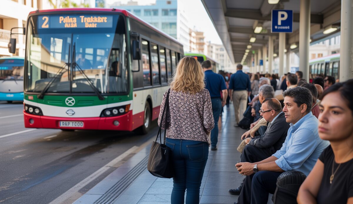 Menschen an einer Bushaltestelle in Palma diskutieren über öffentlichen Nahverkehr