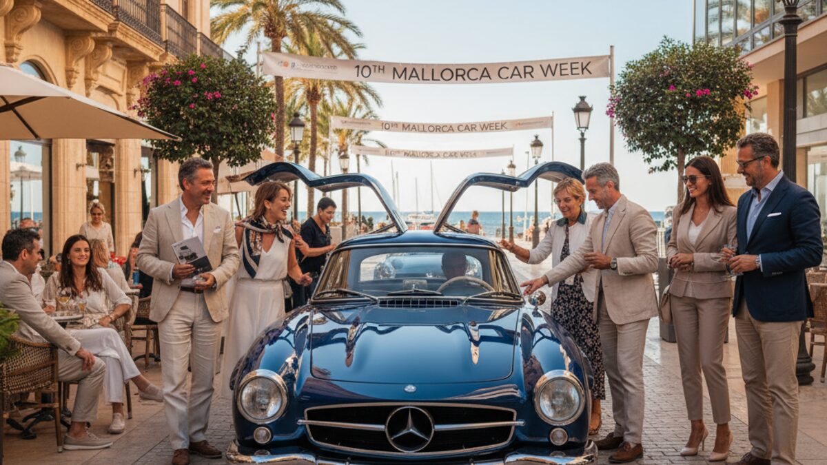 Klassischer Oldtimer vor mediterraner Kulisse auf der Einkaufsstraße Jaume III während der Mallorca Car Week 2025