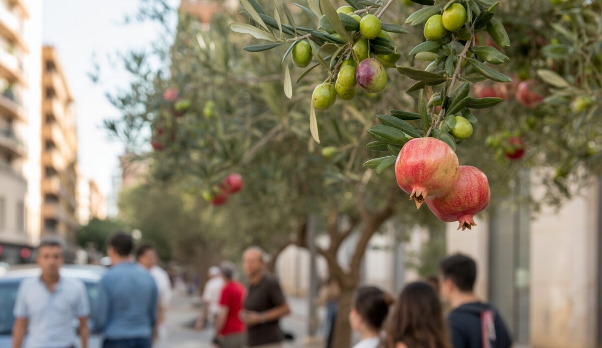 Oliven und Granatäpfel auf städtischen Bäumen in Palma
