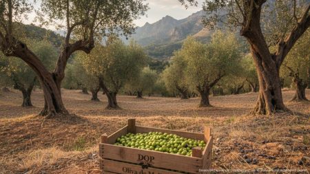 Olivenhain der Serra de Tramuntana auf Mallorca mit grünen und schwarzen Oliven und trockener Erde unter einem leicht bewölkten Himmel