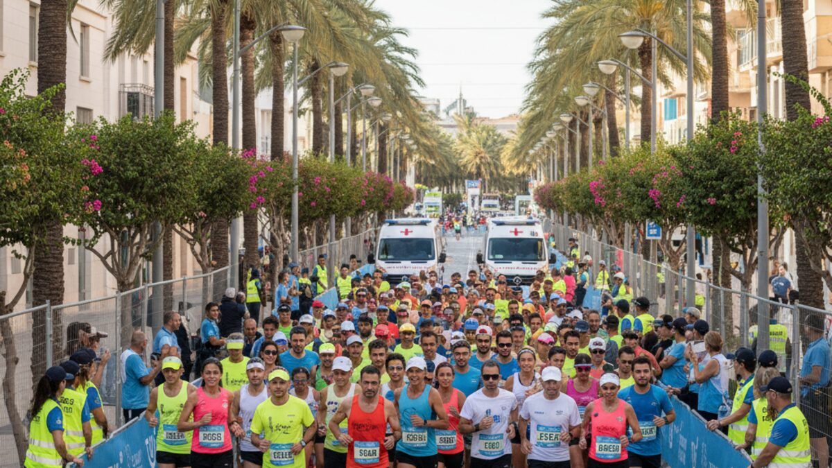 Zentrale Darstellung von Marathonläufern und Helfern bei der Organisation des Tui Palma Marathons auf Mallorca mit Sicherheitsmaßnahmen und medizinischer Präsenz entlang der Strecke.
