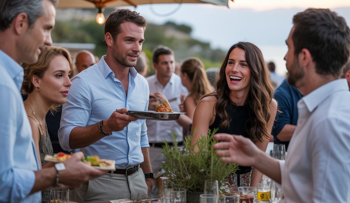 Besucher genießen Outdoor-Küchenevent auf Mallorca unter freiem Himmel.