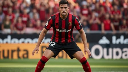 Pablo Maffeo in dynamischer Abwehrhaltung während eines RCD Mallorca Spiels im Stadion Son Moix