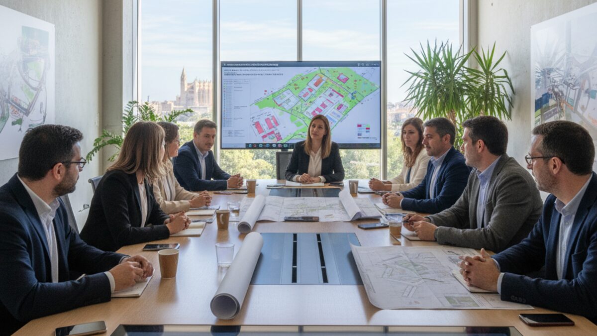 Stadtplanungsbesprechung in Palma mit Karten von Son Rapinya zur Prüfung von Alternativen für Wohnungsbau auf gemeindeeigenen Grundstücken
