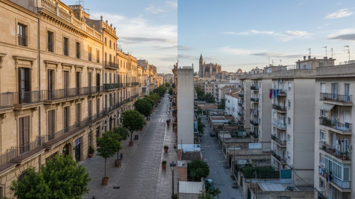 Fotorealistisches Bild der Stadt Palma mit einem sichtbaren Kontrast zwischen wohlhabenden und weniger wohlhabenden Stadtteilen, das Einkommensgefälle visualisiert