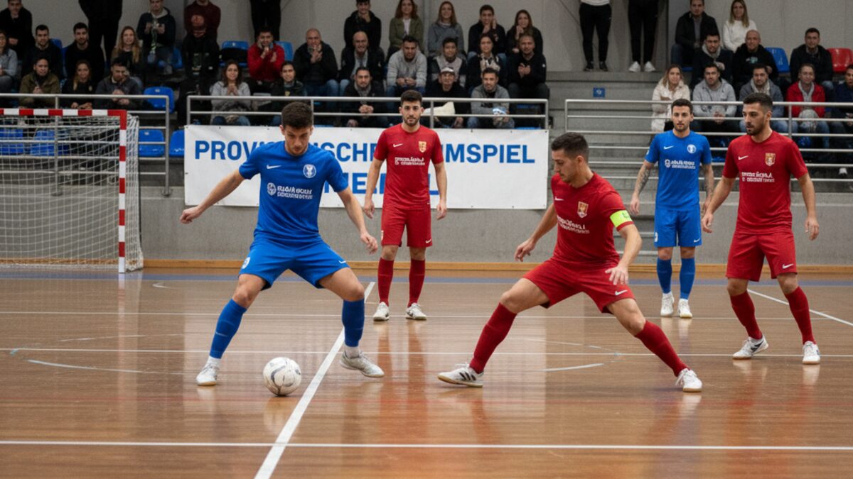Futsal-Spiel zwischen Palma Futsal und Peñíscola in einer provisorischen Sporthalle mit aktiven Spielern und moderat gefüllten Zuschauerrängen