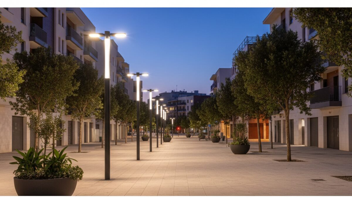 Moderne LED-Straßenbeleuchtung in Palma auf Mallorca bei Abenddämmerung für Energieeinsparung und nachhaltige Stadtentwicklung