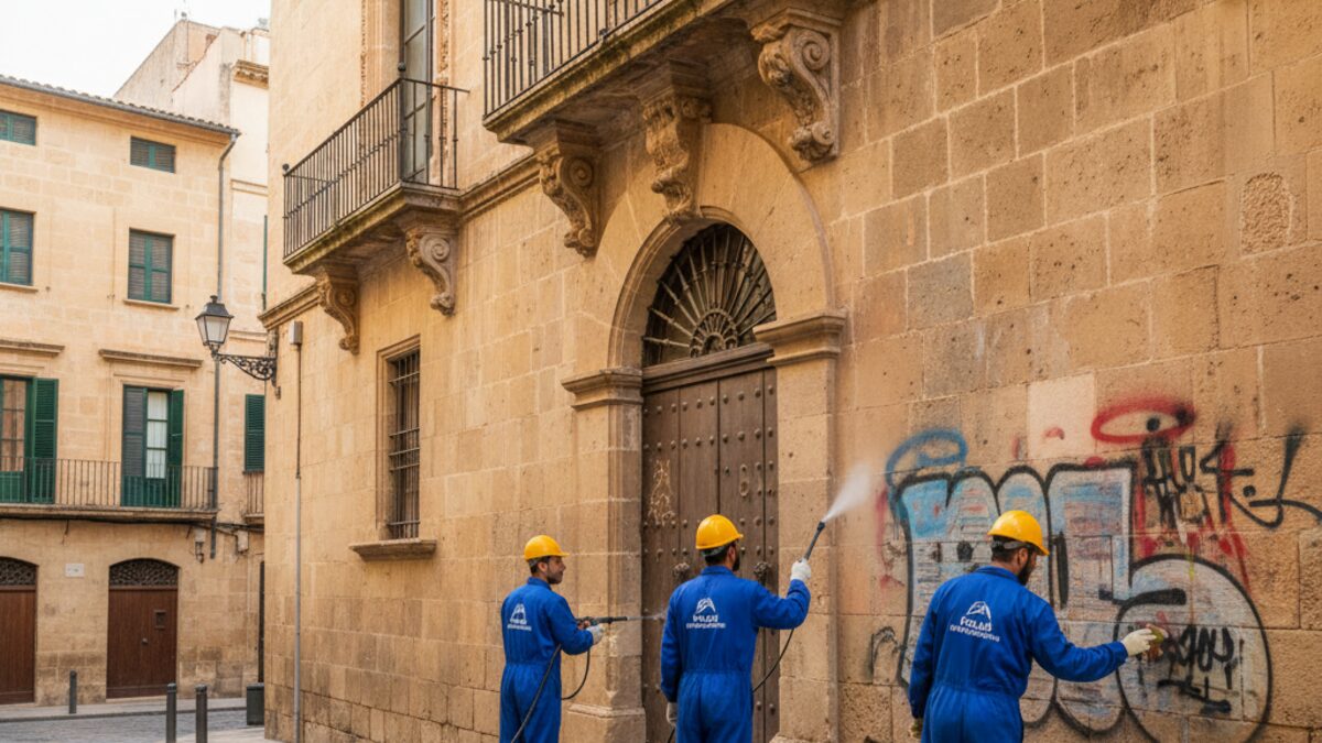 Professionelle Reinigung von Graffiti an historischen Gebäuden in Palma durch städtische Arbeiter bei Tageslicht