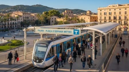 Palma plant nachhaltige Mobilität mit Metro-Erweiterung Moderne Metrostation in Palma de Mallorca mit Zug und Pendlern, symbolisiert nachhaltige Mobilität und Stadterweiterung