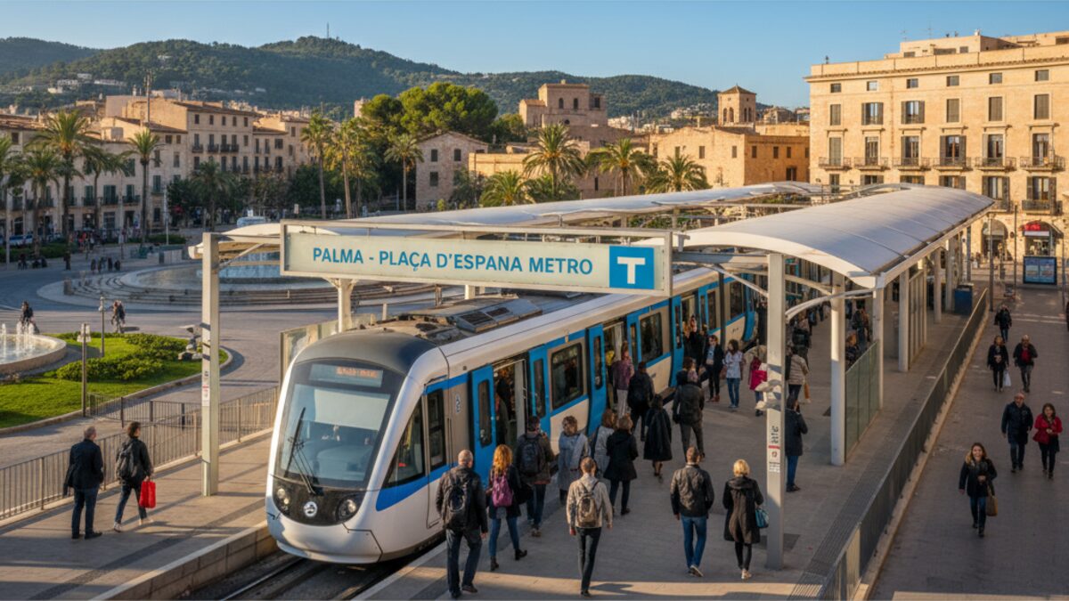 Moderne Metrostation in Palma de Mallorca mit Zug und Pendlern, symbolisiert nachhaltige Mobilität und Stadterweiterung