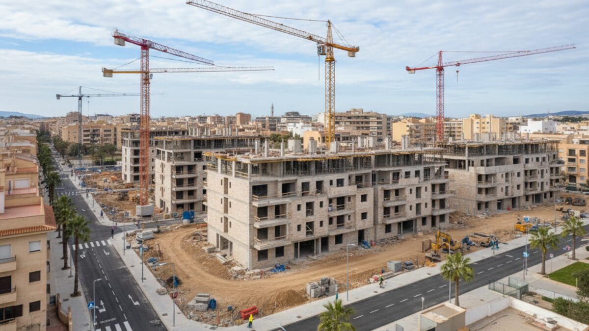 Modernes Wohnungsbauprojekt in Palma mit Baustelle und neuen Mehrfamilienhäusern im Stadtteil Son Güells und Son Puigdorfila Nou