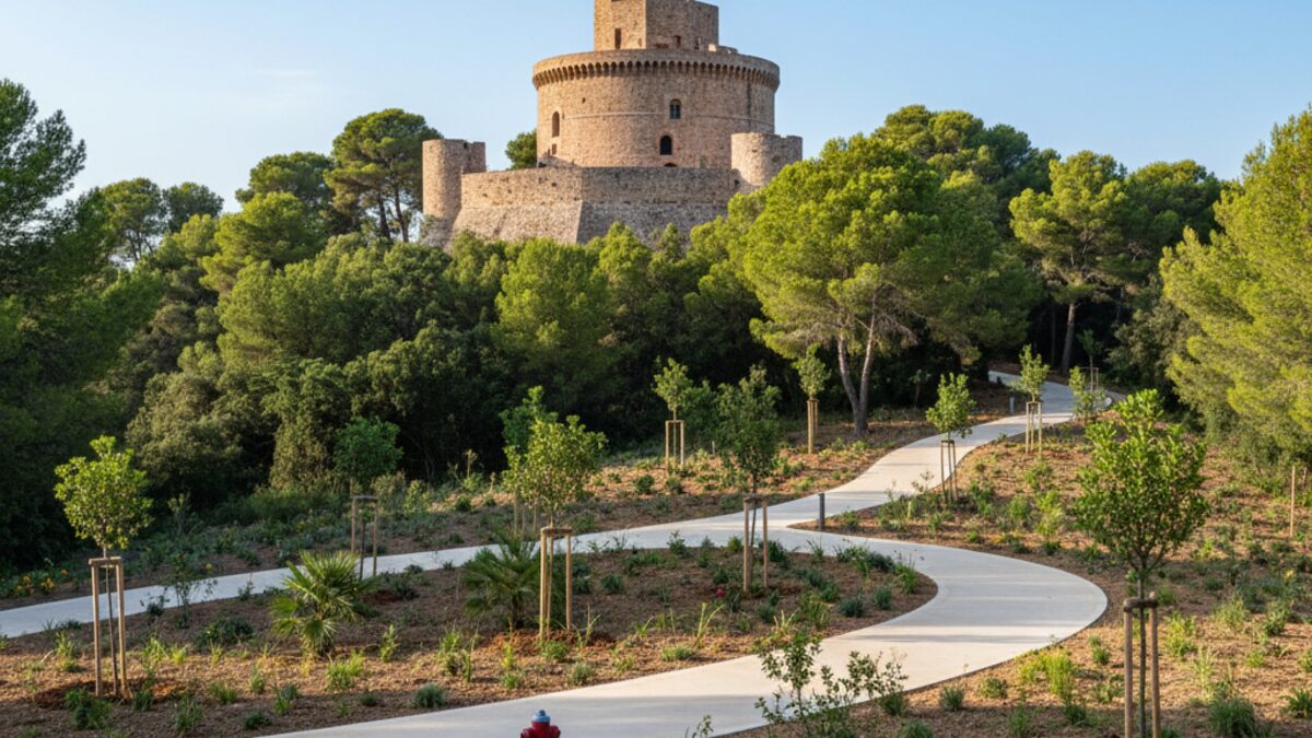 Das Castell de Bellver umgeben von erneuertem Wald mit neuen Wanderwegen und Feuerschutzausrüstung nahe Palma