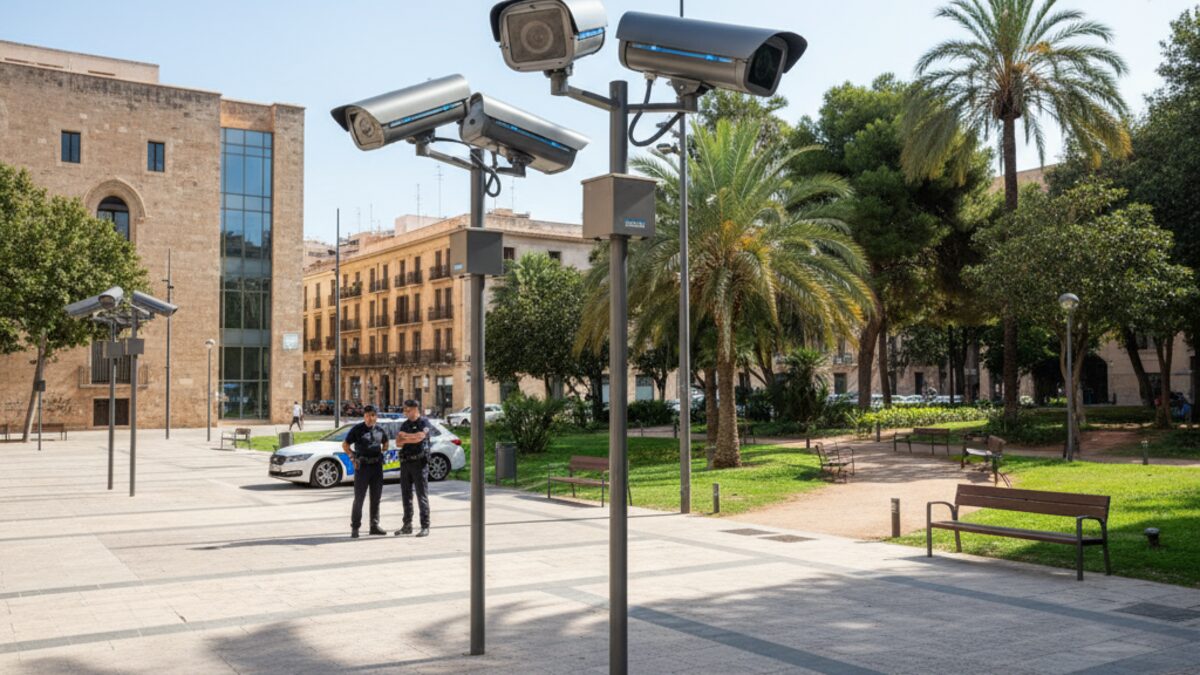 Moderne Überwachungskameras in Palma de Mallorca erhöhen die Sicherheit auf der Plaza de España und im Parc de Ses Estacions mit KI-Technologie.