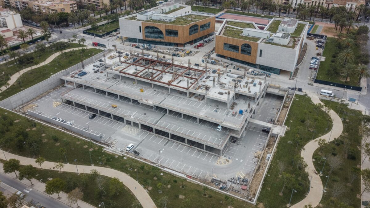 Luftaufnahme eines städtischen Entwicklungsprojekts mit neuem Sportzentrum, Sozialgebäude, Parkhaus und Grünflächen auf dem Gelände des ehemaligen Lluís Sitjar Stadions in Palma