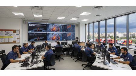 Palma verstärkt Sturm-Notfallpläne bis Ende November Notfallzentrale in Palma mit Einsatzkräften bereitet sich auf Sturm vor, Wetterkarten und Notfallpläne sichtbar