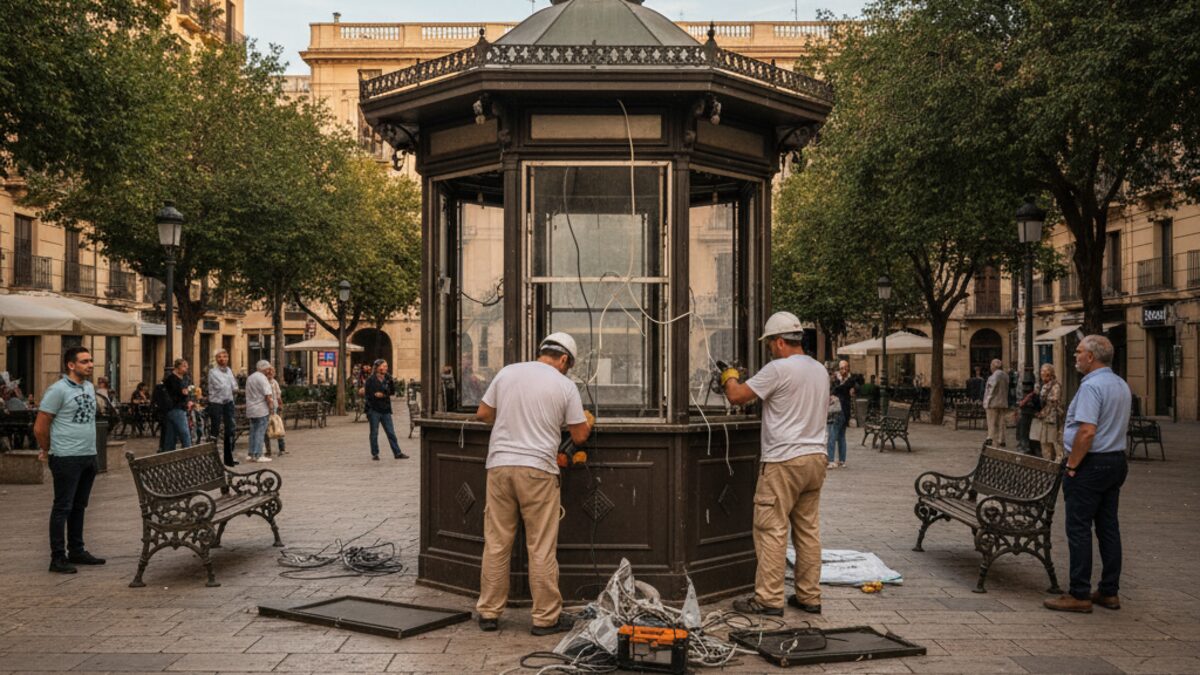 Abriss eines traditionellen Zeitungskiosks auf der Plaça Alexandre Jaume in Palma mit Arbeitern in einer belebten, sonnigen Stadtszene