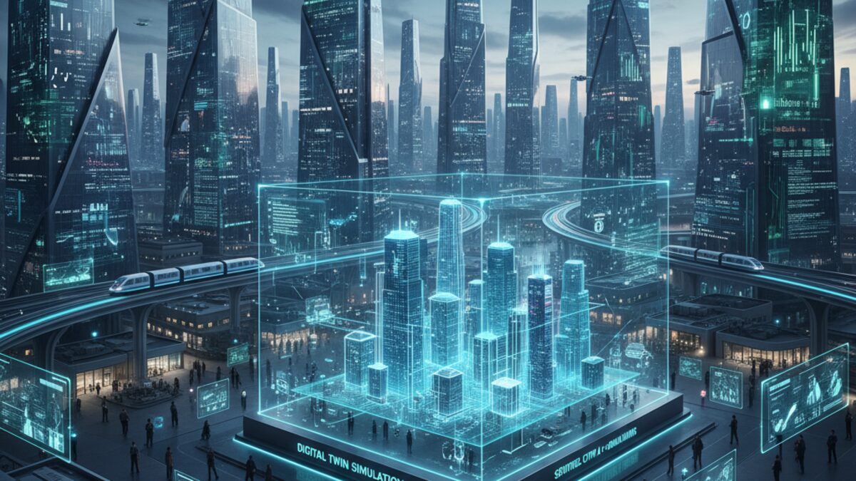 Futuristische Stadt mit digitalem Zwilling für Künstliche Intelligenz