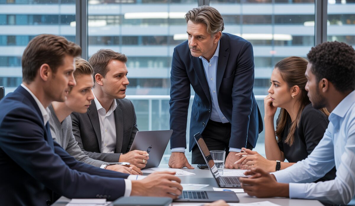 Patrick Lorenz mit seinem Team in einer modernen Frankfurter Büro.