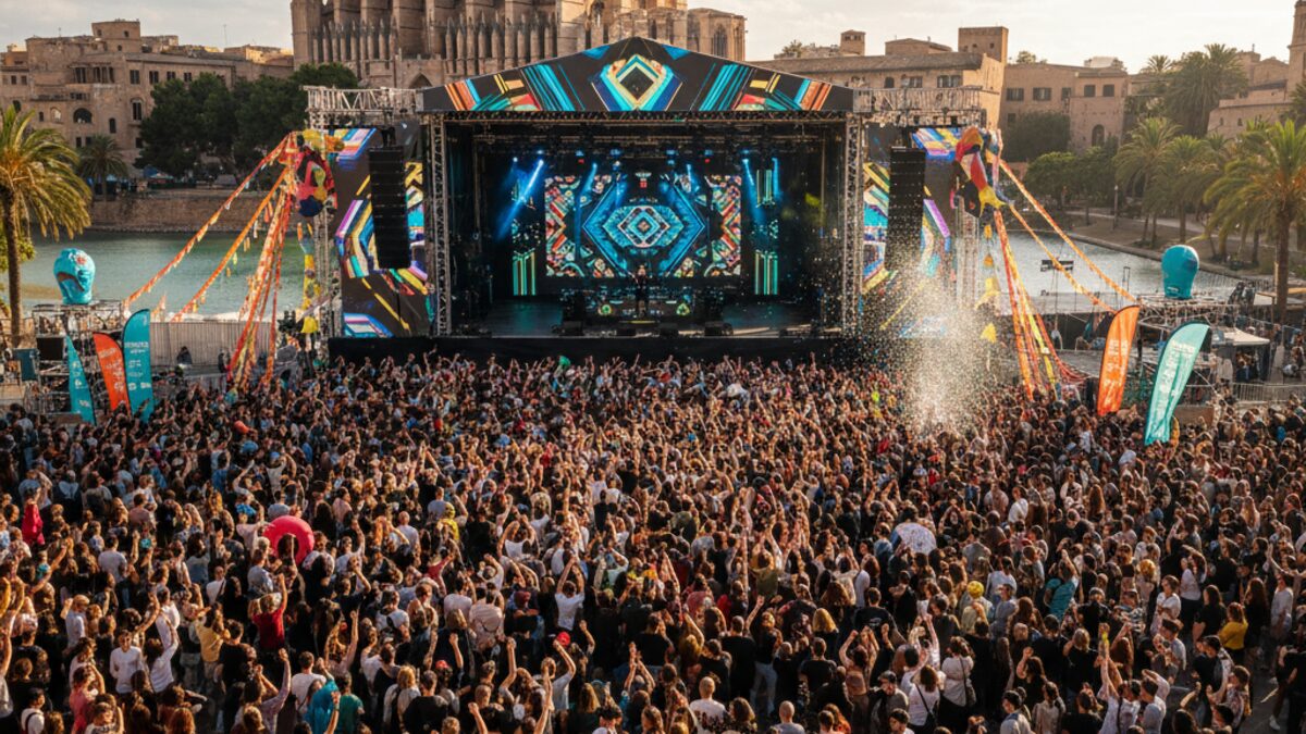 Große Menschenmenge bei Patrona-Festival in Palma nahe Kathedrale mit DJs und bunten Lichtern