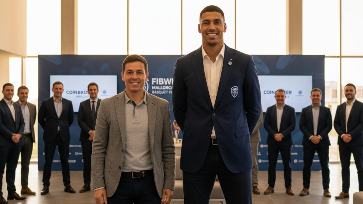 Pedro Bombino bei der offiziellen Vorstellung als neuer Spieler von Fibwi Mallorca Bàsquet Palma im modernen Büro von Coinbroker Mallorca mit dem Trainer Pablo Cano