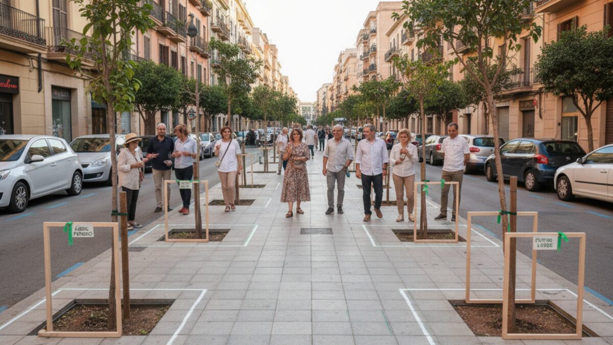 Straßenszene in Pere Garau, Palma mit markierten Baumscheiben und Anwohnern, die auf städtische Begrünung aufmerksam machen