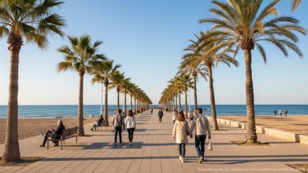 Perfektes Herbstwetter auf Mallorca mit Sonnenschein Sonniger Herbsttag auf Mallorca mit leicht bewölktem Himmel, palmengesäumter Strandpromenade und Menschen bei Outdoor-Aktivitäten