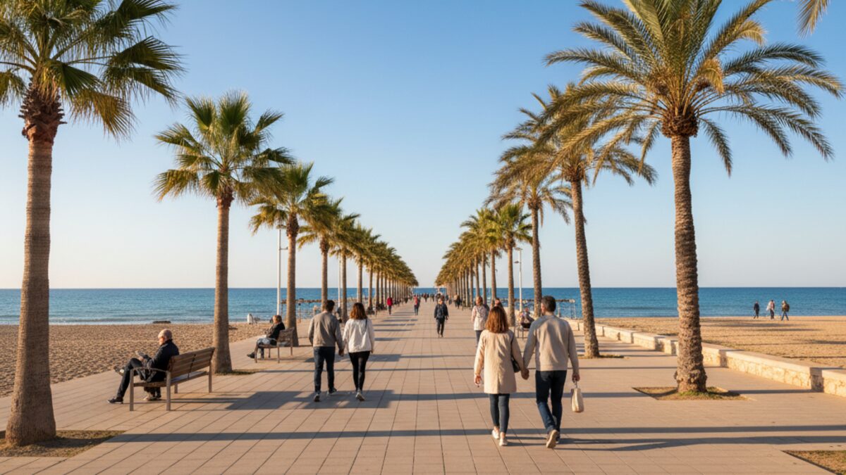 Sonniger Herbsttag auf Mallorca mit leicht bewölktem Himmel, palmengesäumter Strandpromenade und Menschen bei Outdoor-Aktivitäten