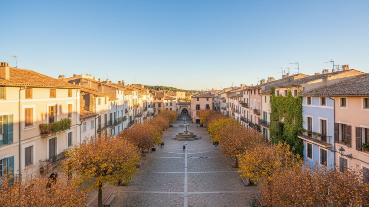 Klarer, sonniger Herbsttag in Sóller mit blauem Himmel und herbstlichen Bäumen unter milden Temperaturen
