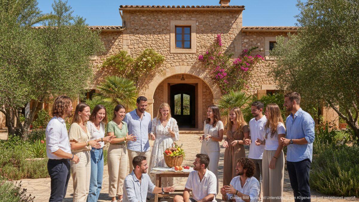 Peter Maffay über deutsch-mallorquinische Freundschaft und Stiftung Die Finca der Tabaluga-Stiftung auf Mallorca bei sonnigem Wetter mit einer Gruppe junger Menschen unterschiedlicher Herkunft, die Freundschaft und kulturellen Austausch symbolisieren.