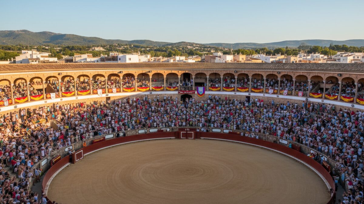 Voller Plaza de Toros La Monumental in Muro auf Mallorca bei einer kulturellen Veranstaltung zum Saisonabschluss