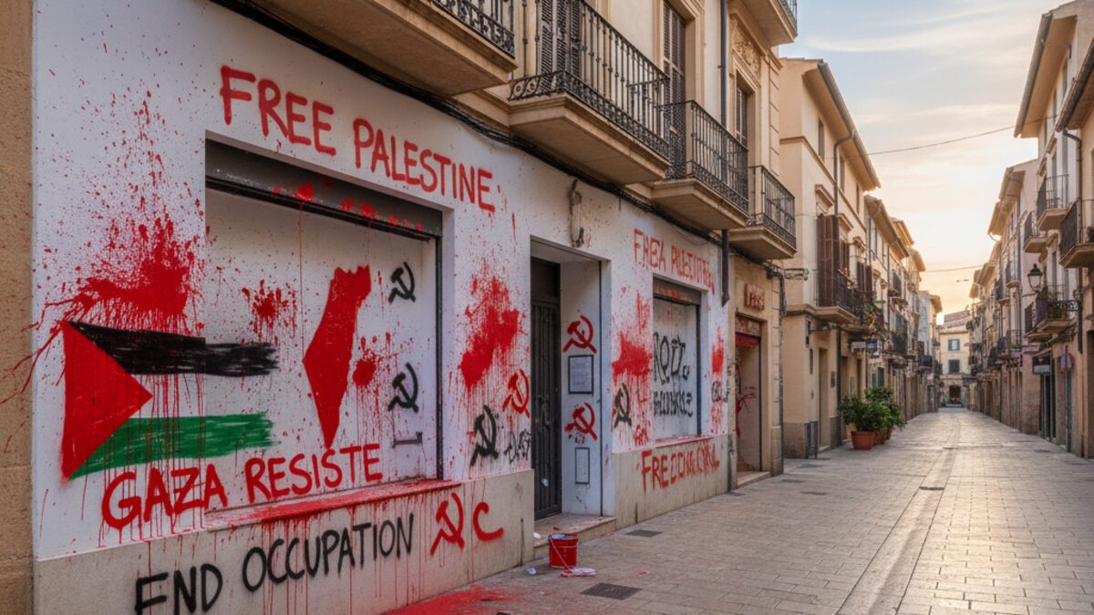 Geschäftsfassade in Palma mit roter Farbe und pro-palästinensischer Graffiti-Vandalismus