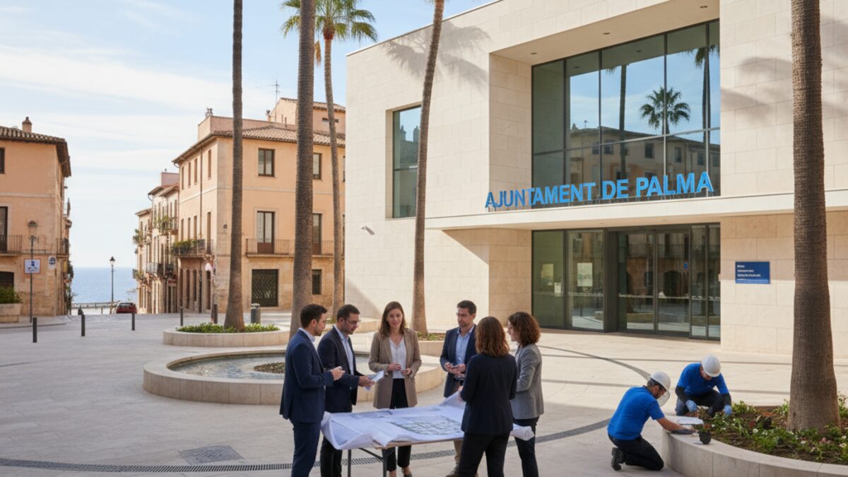Das Stadtverwaltungsgebäude in Palma mit Bürgerinnen und Bürgern, die gemeinsam über städtische Angelegenheiten diskutieren, symbolisiert Verantwortungsbewusstsein und öffentliche Dienstleistung.