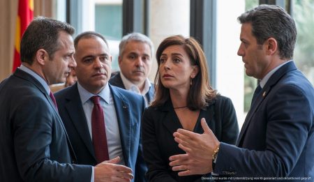 Bild von Regierungsverhandlungen auf den Balearen vor einem Regierungsgebäude mit politischen Vertretern