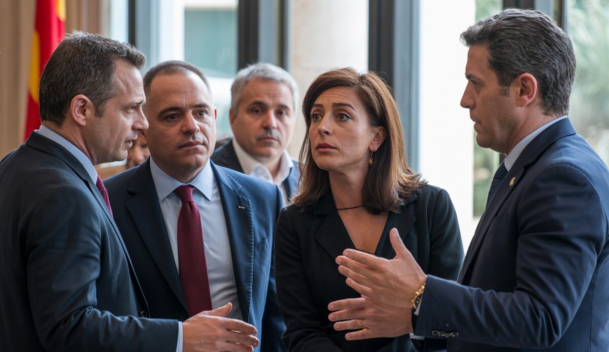 Bild von Regierungsverhandlungen auf den Balearen vor einem Regierungsgebäude mit politischen Vertretern