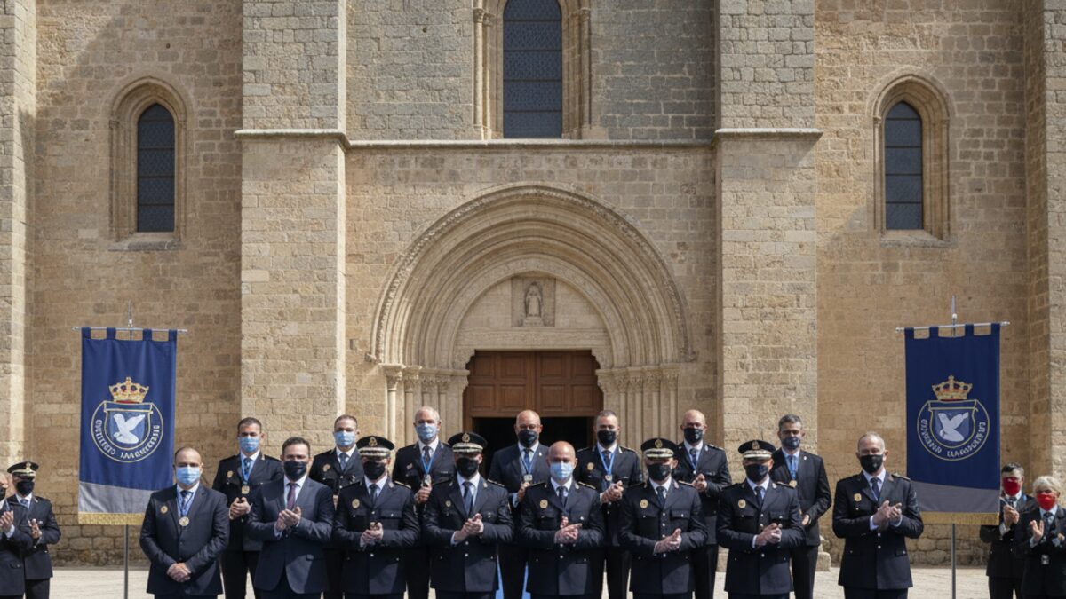Polizeizermonie zur Ehrung von Beamten vor dem Kloster Sant Vicenç in Manacor mit Übergabe von Medaillen