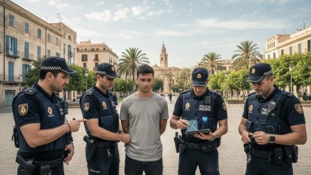 Polizei in Palma verhaftet mutmaßlichen Räuber durch GPS-Tracking Polizeibeamte bei der Festnahme eines mutmaßlichen Räubers in Palma de Mallorca mit GPS-gestützter Ortung im Hintergrund städtischer Umgebung.