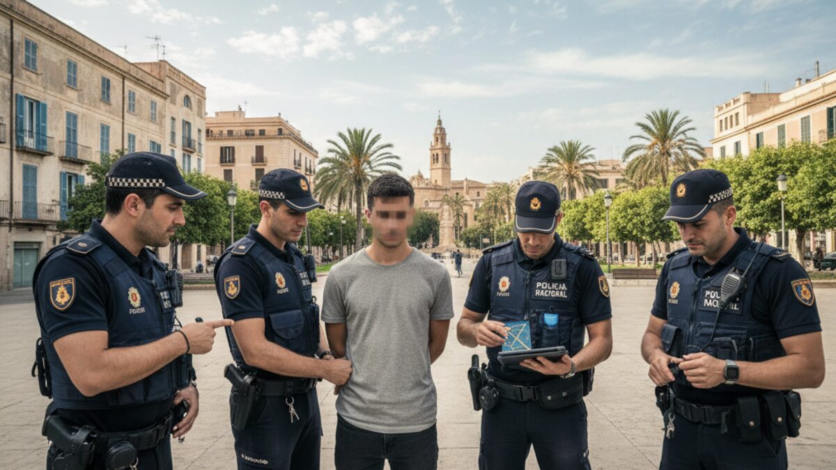 Polizeibeamte bei der Festnahme eines mutmaßlichen Räubers in Palma de Mallorca mit GPS-gestützter Ortung im Hintergrund städtischer Umgebung.