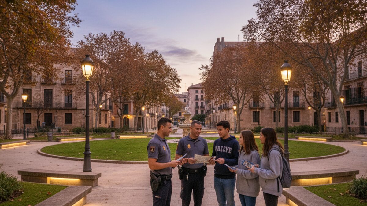 Polizeibeamte sprechen mit Jugendlichen in einem Park in Palma, um eine gewalttätige Auseinandersetzung zu verhindern
