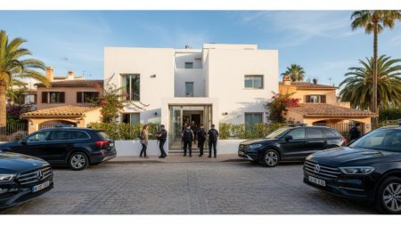 Drei Schweden wegen Betrugs auf Mallorca festgenommen Polizeieinsatz bei einer Razzia in einem Wohngebiet auf Mallorca mit Beamten vor einem Apartmenthaus