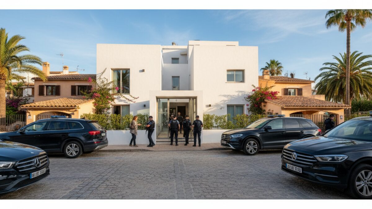 Polizeieinsatz bei einer Razzia in einem Wohngebiet auf Mallorca mit Beamten vor einem Apartmenthaus