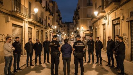 Polizeieinsatz in Son Gotleu: Afrikanische Gruppe greift Beamte an Polizeieinsatz in Son Gotleu bei Nacht mit Polizei und mehreren Personen in urbaner mediterraner Umgebung