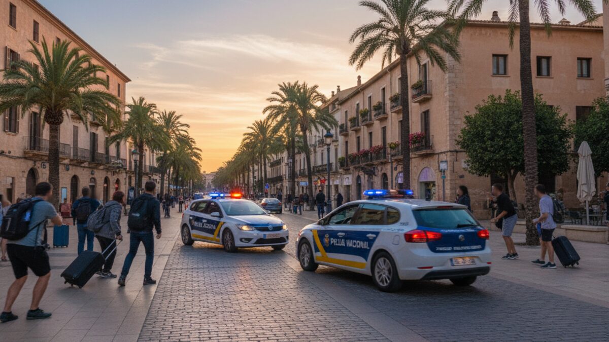 Polizeiauto verfolgt Kleinwagen bei einer wilden Verfolgungsjagd auf der belebten Touristenstraße Paseo Colón auf Mallorca am frühen Morgen